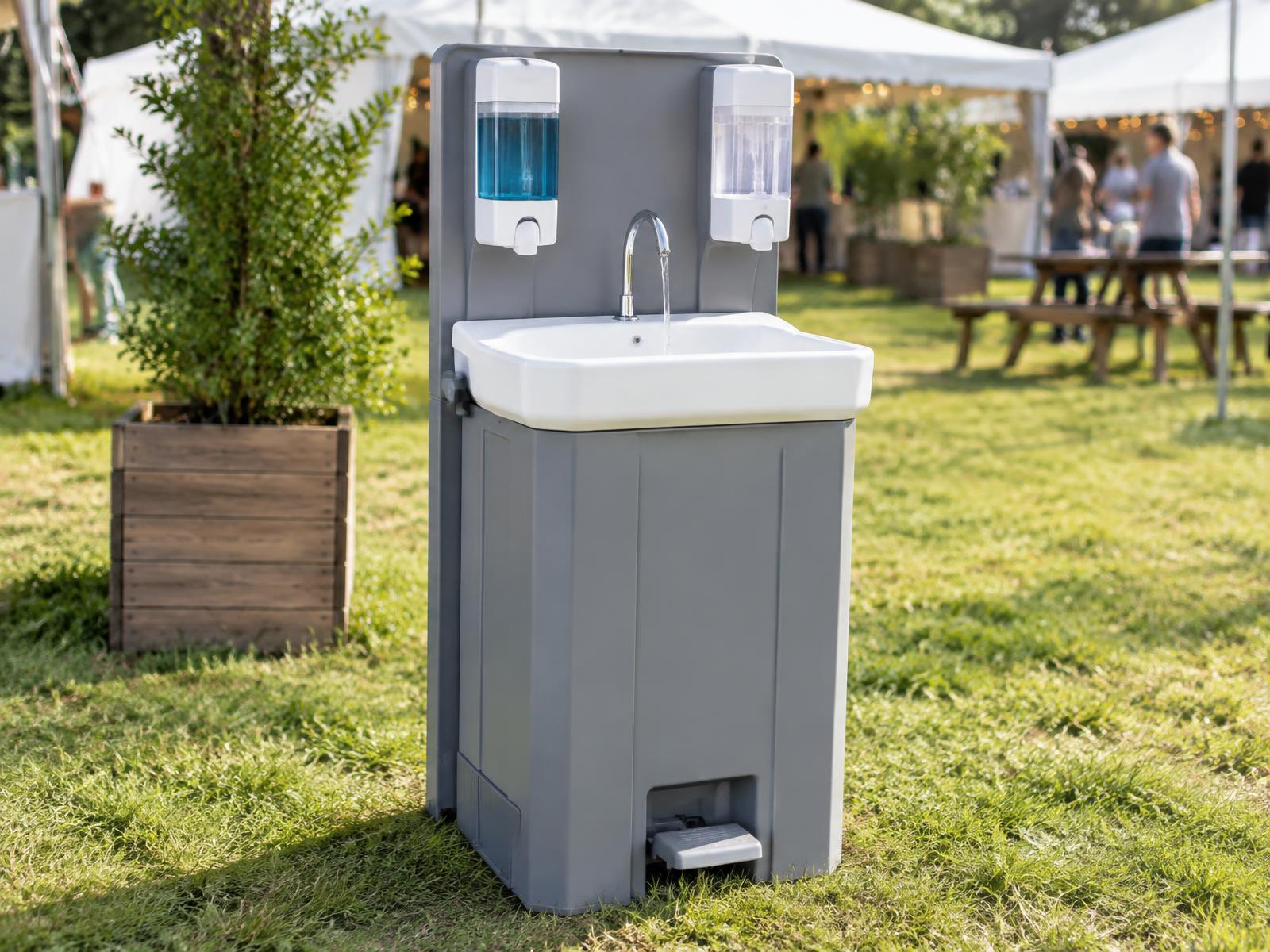 Portable handwashing station with soap and hand sanitizer at an outdoor event