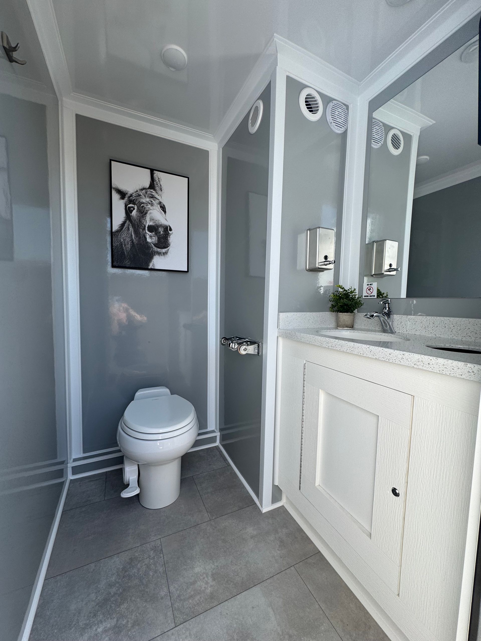 Interior of a luxury restroom trailer with toilet, sink, mirror and artwork
